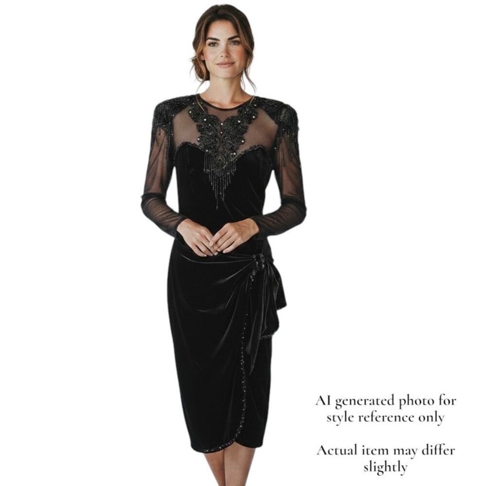 Betsy & Adam Black Velvet Sequin Evening Cocktail Party Midi Dress Made USA